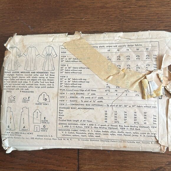 Vintage 1954 Simplicity 4972 Misses Duster, Negligee & Housecoat Sewing Pattern - Picture 2 of 4